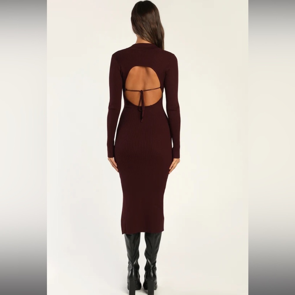 Lulus We're Sweater Together Brown Ribbed Knit Collared Midi Dress Small - Picture 4 of 7